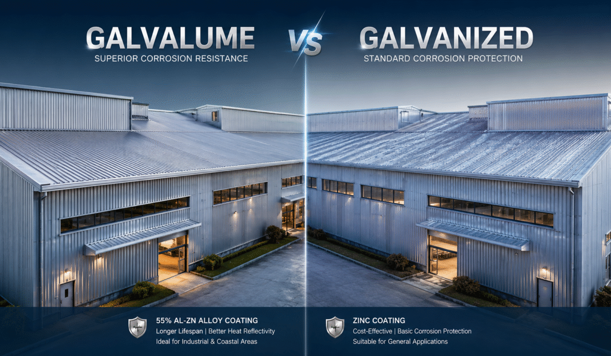 Side-by-side comparison of Galvalume and galvanized roofing sheets