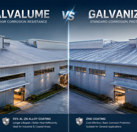 Side-by-side comparison of Galvalume and galvanized roofing sheets