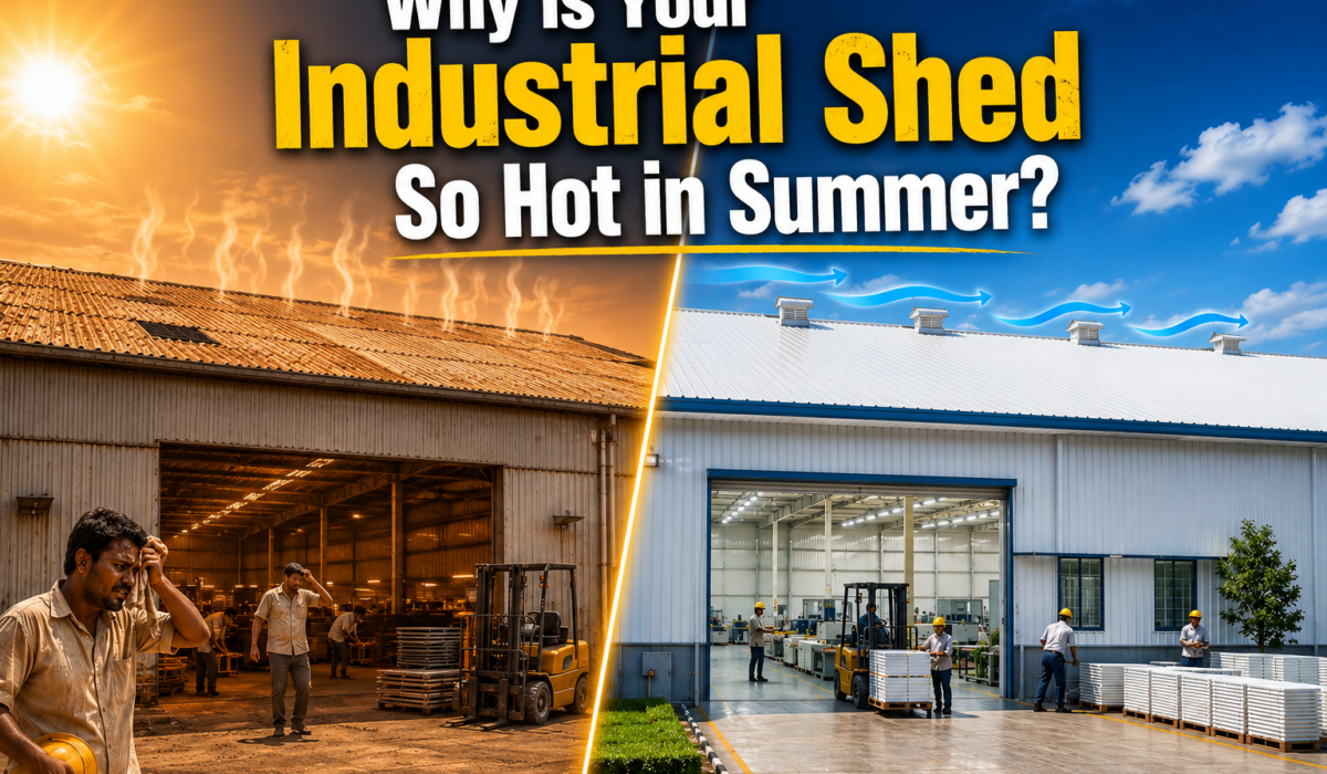 Industrial shed with insulated PUF roofing panels reducing summer heat and improving energy efficiency.